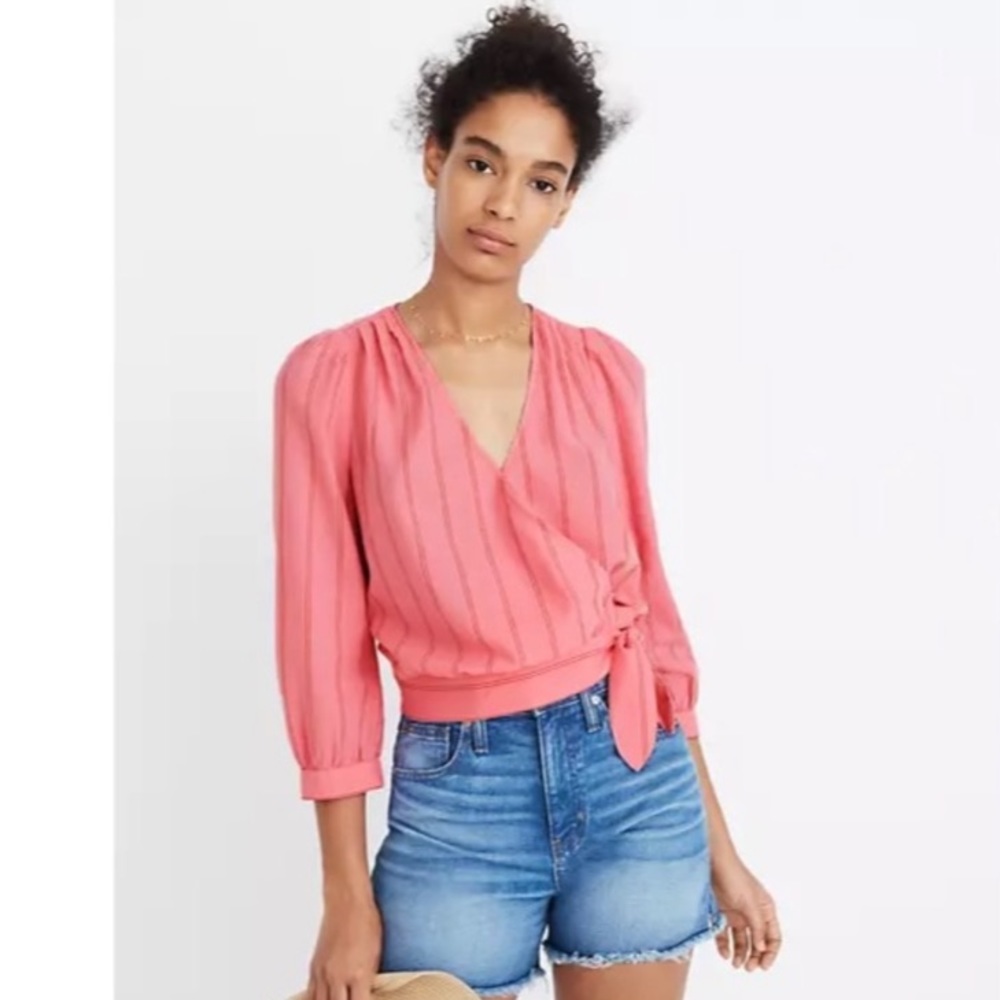 Madewell pink stripe cotton wrap top sz S